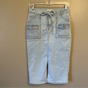 CYCLON Light Blue Jean Midi Pencil Skirt Women's Size M Front Slit Stretchy